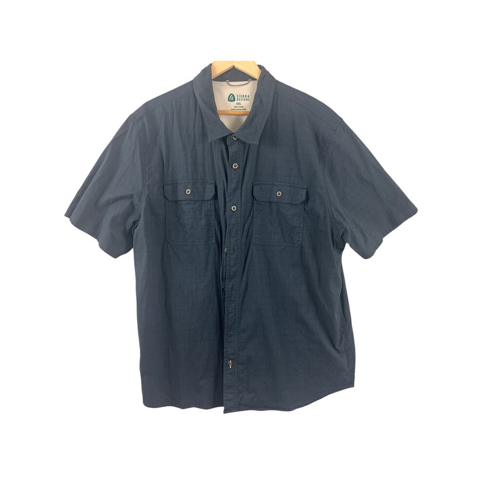 Sierra Designs Men Short Sleeve Button-Up Shirt XXL Blue Cotton Stretch Outdoor